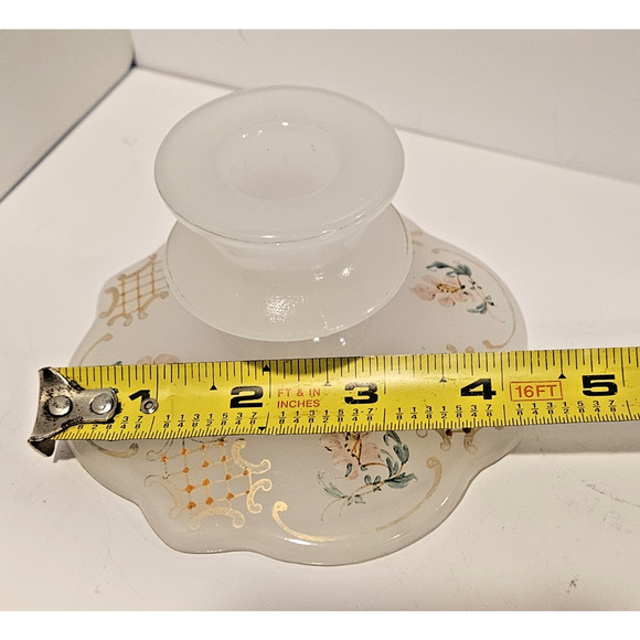 Vintage Frosted Glass Candlestick Holder Resting Dish Painted Flowers Scallop - Picture 6 of 6